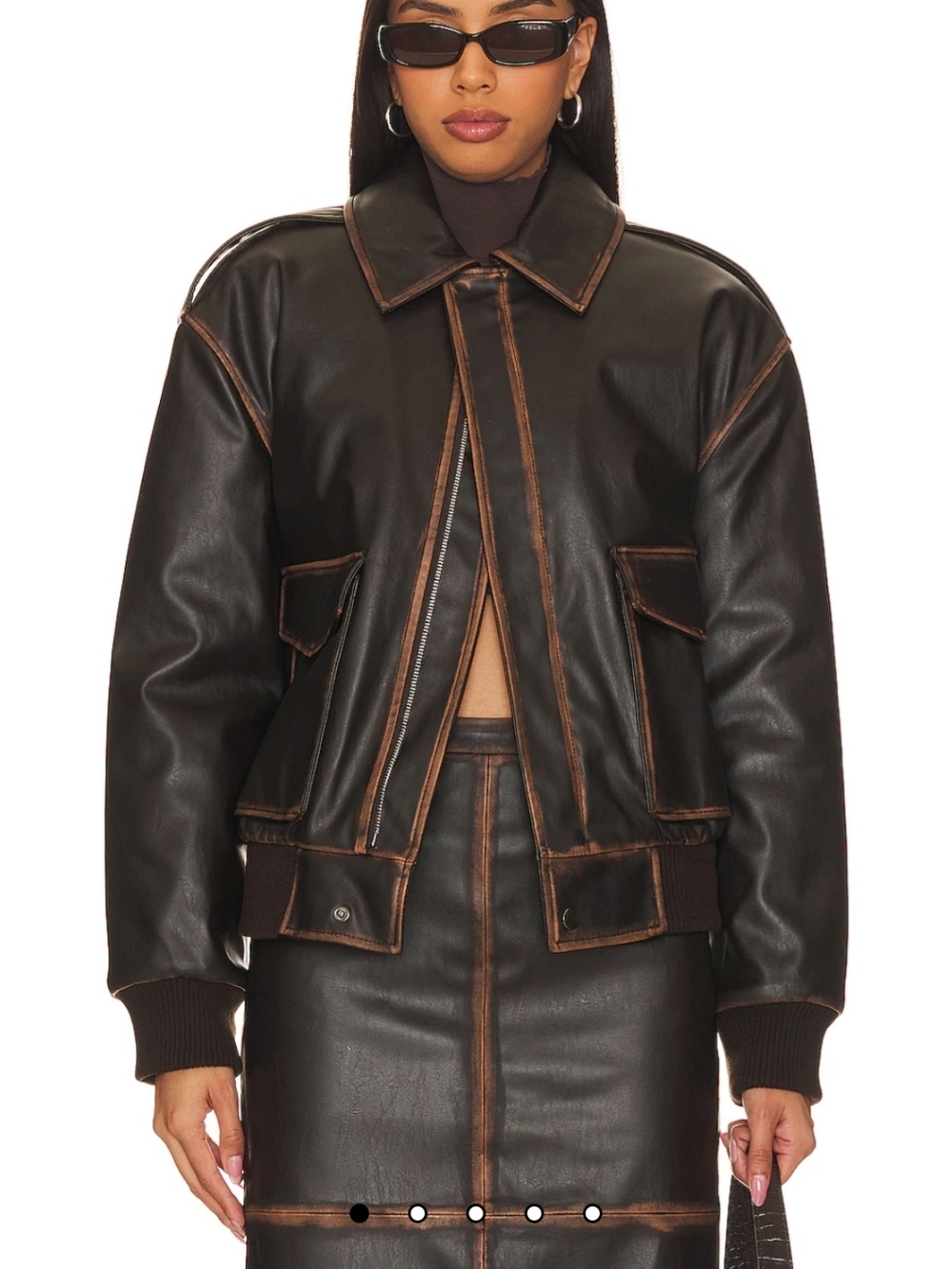 L'Academie Faux Leather Bomber Jacket with Brown Contrast Piping